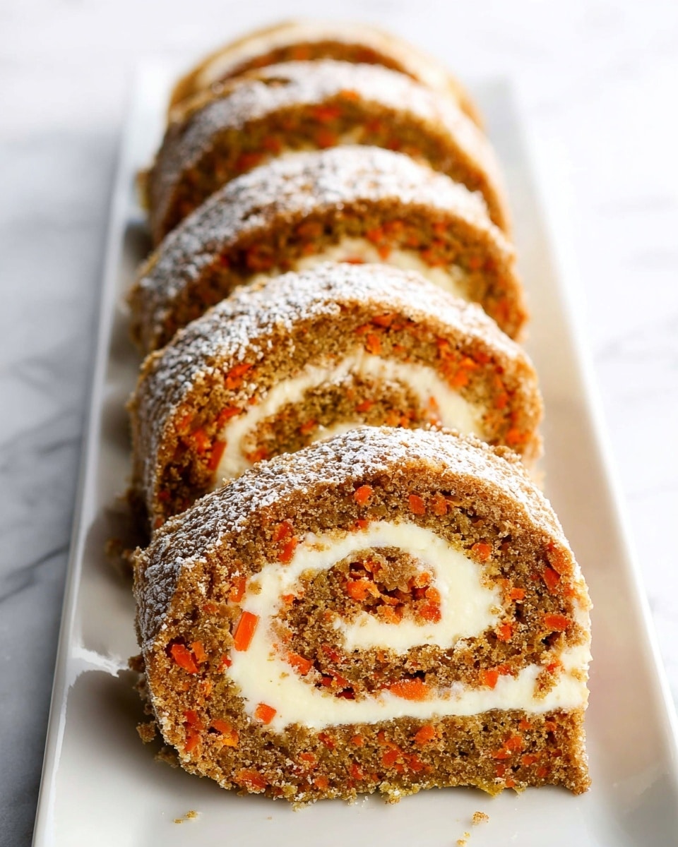 A rolled carrot cake sliced into five thick pieces stacked in a line on a rectangular white plate, each slice showing two layers: a moist, textured light brown carrot sponge layer with bits of orange carrot pieces, and a creamy white swirl of filling in the center spiraled evenly; the top of each slice is lightly dusted with white powdered sugar, adding a soft contrast to the cake's warm colors. The setting features a clean white marbled texture under the plate. photo taken with an iphone --ar 4:5 --v 7