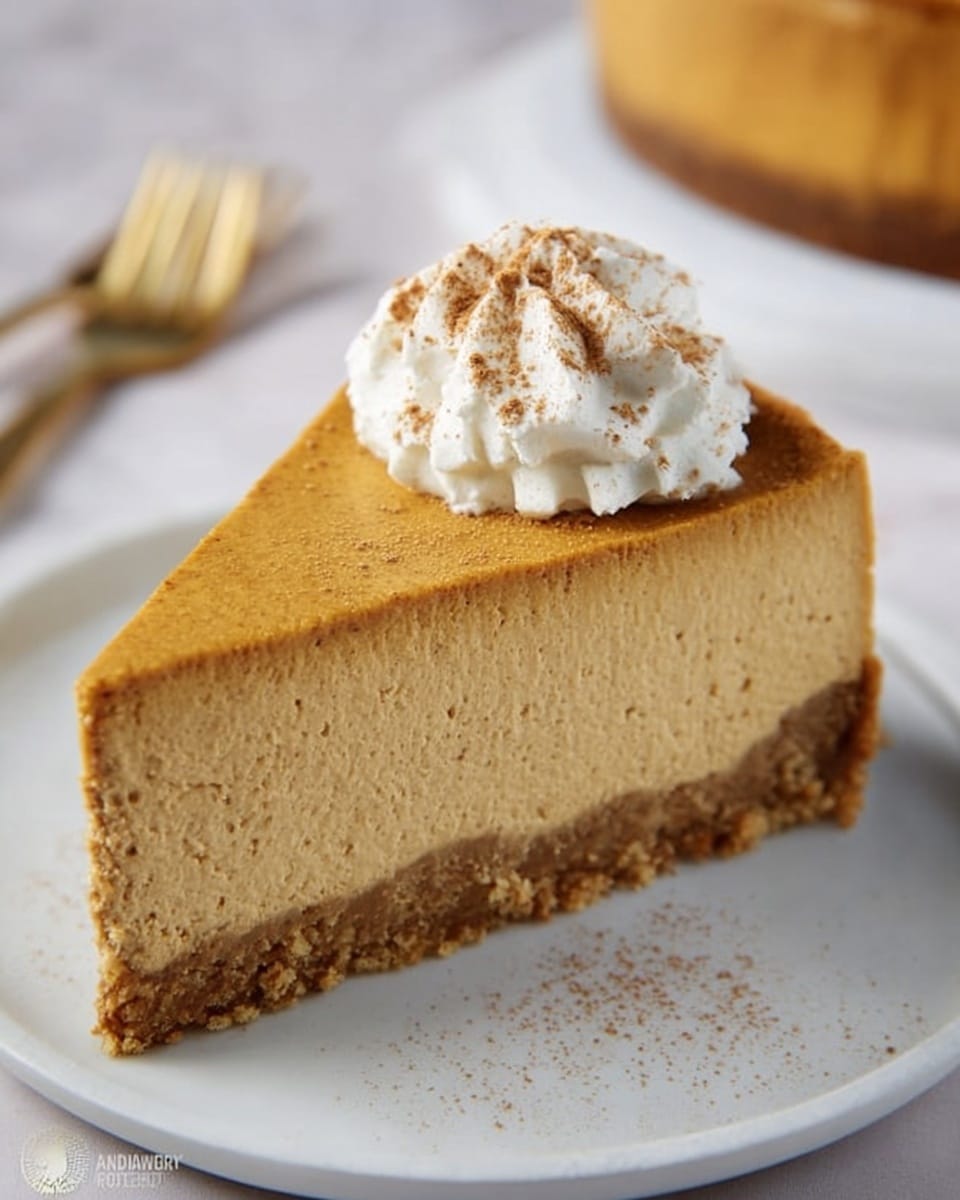 A slice of creamy pumpkin cheesecake sits on a white plate with a white marbled texture underneath. The dessert has three visible layers: a thick, crumbly light brown crust at the bottom, a smooth and dense pumpkin-colored cheesecake layer in the middle, and a thin top layer of slightly darker pumpkin shade. On top sits a dollop of white whipped cream dusted with a light sprinkle of brown cinnamon powder. In the background, a gold fork rests out of focus. Photo taken with an iphone --ar 4:5 --v 7