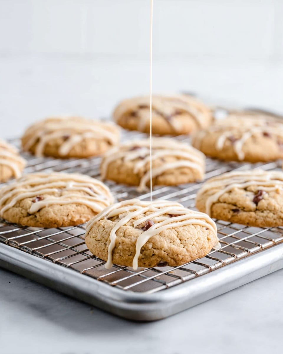 A metal cooling rack holds nine round cookies with a soft, golden-brown color and a slightly textured surface showing bits of chocolate or nuts inside. Thin white glaze is being drizzled in a steady stream over the cookies from above, creating thin lines that settle on the tops of the cookies. The cooling rack is placed on a silver baking tray, all set against a white marbled surface and a plain white background. The scene is softly lit, showing the details of the cookies and the glaze drip clearly. Photo taken with an iphone --ar 4:5 --v 7