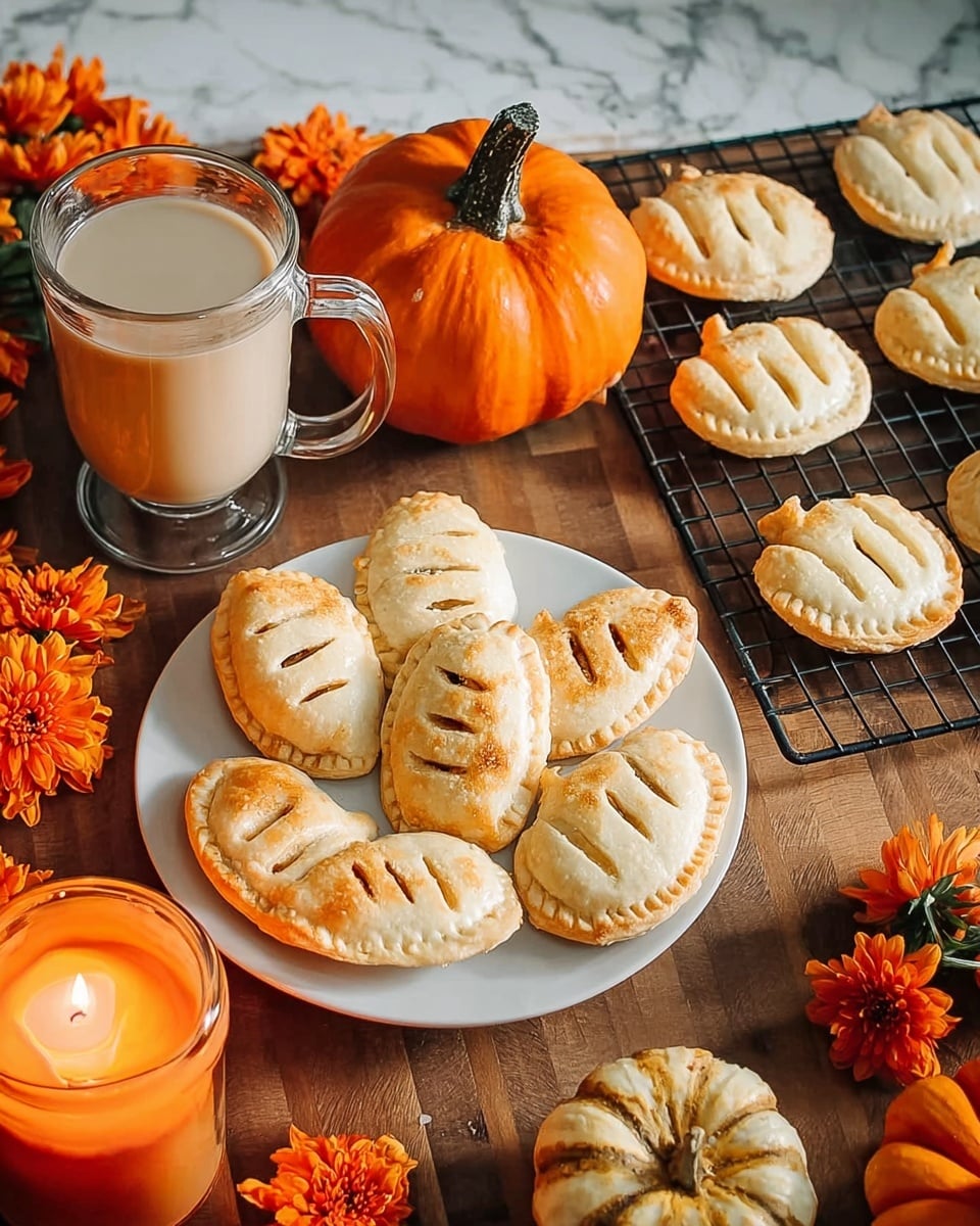 A woman’s hand with dark purple nail polish is holding a pumpkin-shaped pie with a golden-brown crust that has a bite taken out of the left side; the top crust shows three small vertical slits and a small stem shape at the top center. The background features a blurred orange pumpkin and other fall-themed items on a white marbled surface. The lighting highlights the flaky texture of the crust, making the pie look freshly baked. photo taken with an iphone --ar 4:5 --v 7