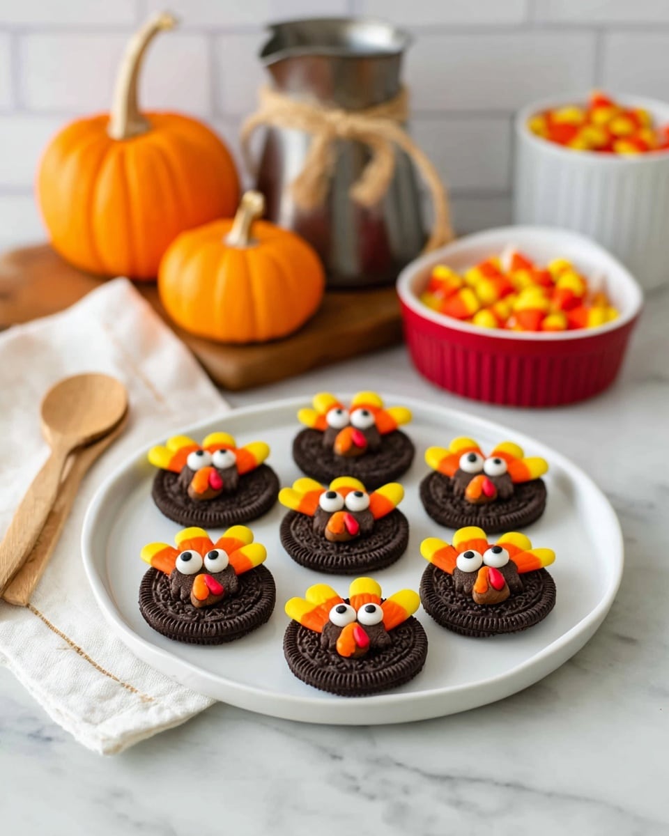 On a white plate, six turkey-shaped treats made with two chocolate sandwich cookies each form a round dark brown base layer; behind each cookie, three candy corns are arranged in a row showing bright yellow, orange, and white stripes, resembling feathers. On top of each cookie, two small white candy eyes with black dots are placed near the top center, and below them, an orange candy corn acts as a beak with a small red candy shaped like a wattle next to it. The plate rests on a white marbled surface, with a small orange pumpkin, a wooden spoon on a white cloth, a silver metal pitcher tied with rustic twine, a red bowl filled with candy corn, and a white bowl with butterscotch candies blurred in the background. Photo taken with an iphone --ar 4:5 --v 7