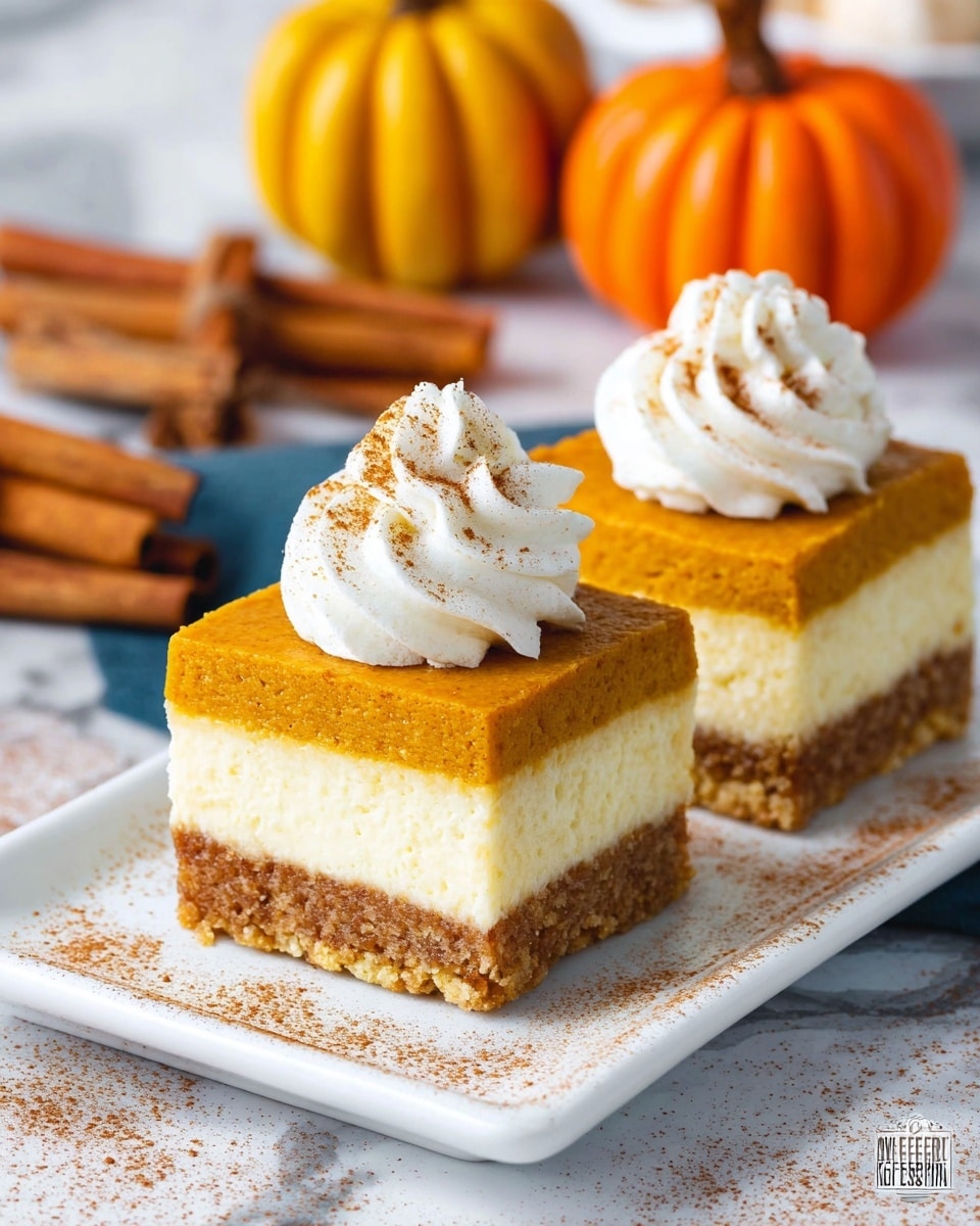 The image shows two square pieces of pumpkin cheesecake bars on a white rectangular plate, each bar having three layers: a crumbly brown crust base, a creamy off-white cheesecake layer in the middle, and a smooth orange pumpkin layer on top. Each bar is topped with a swirl of white whipped cream sprinkled lightly with cinnamon powder. The plate is dusted with cinnamon and placed on a white marbled texture surface with cinnamon sticks and small decorative pumpkins visible in the background. Photo taken with an iphone --ar 4:5 --v 7