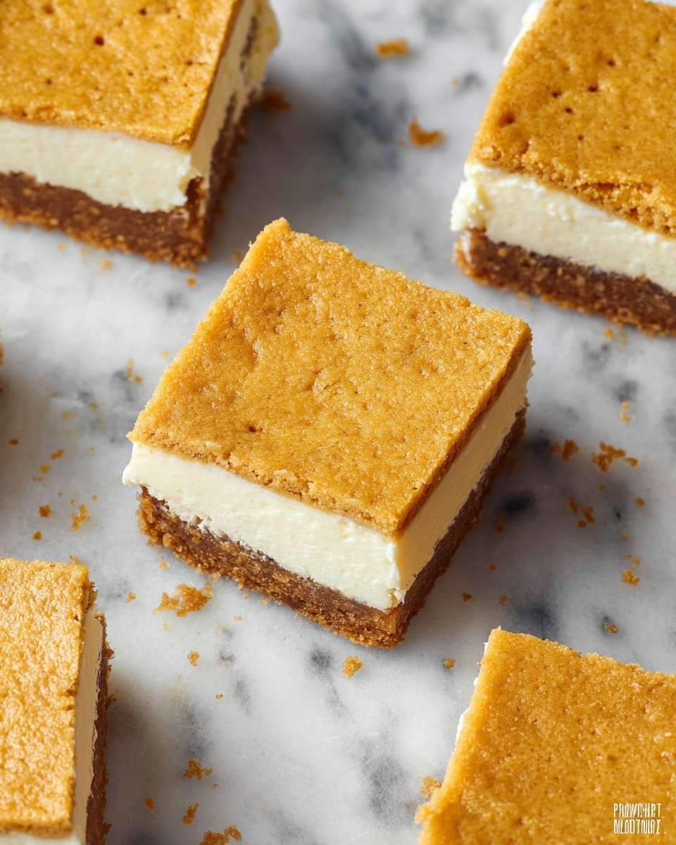 The image shows several square dessert bars arranged on a white marbled surface. Each bar has three clear layers: the bottom layer is a crumbly light brown crust, the middle layer is a thick, creamy white filling, and the top layer is a golden-brown cake-like layer with a textured surface and small air holes. The bars have clean, straight edges, and some crumbs are scattered around them. photo taken with an iphone --ar 4:5 --v 7