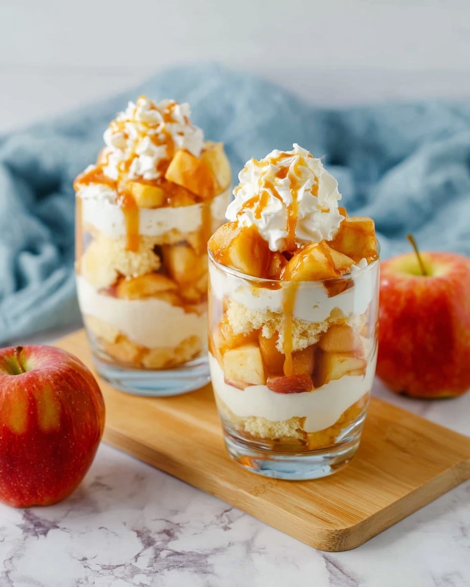 Two clear glasses filled with a layered dessert sit on a light wooden board with two red apples beside them, resting on a white marbled surface. Each glass has about four layers starting with a bottom layer of small, golden-orange cooked apple pieces. Above that is a thick white cream layer, followed by a chunk layer of light yellow cake mixed with more cooked apple pieces. The top layer is whipped cream with a drizzle of caramel sauce cascading over it. In the background, a soft blue cloth is casually placed. photo taken with an iphone --ar 4:5 --v 7