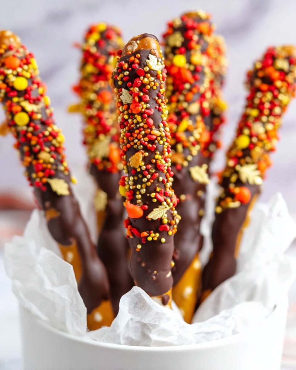 Several pretzel sticks dipped in dark chocolate cover the top two-thirds of each stick, with the bottom third left plain showing the brown pretzel color. The chocolate-coated parts are covered in colorful sprinkles in red, yellow, orange, gold, and brown shades, including small round dots, rods, and leaf-shaped pieces. The pretzels are standing upright inside a white bowl filled with crumpled white paper, set against a white marbled background. The focus is on the closest pretzel in the center, with others blurred softly in the background. Photo taken with an iphone --ar 4:5 --v 7