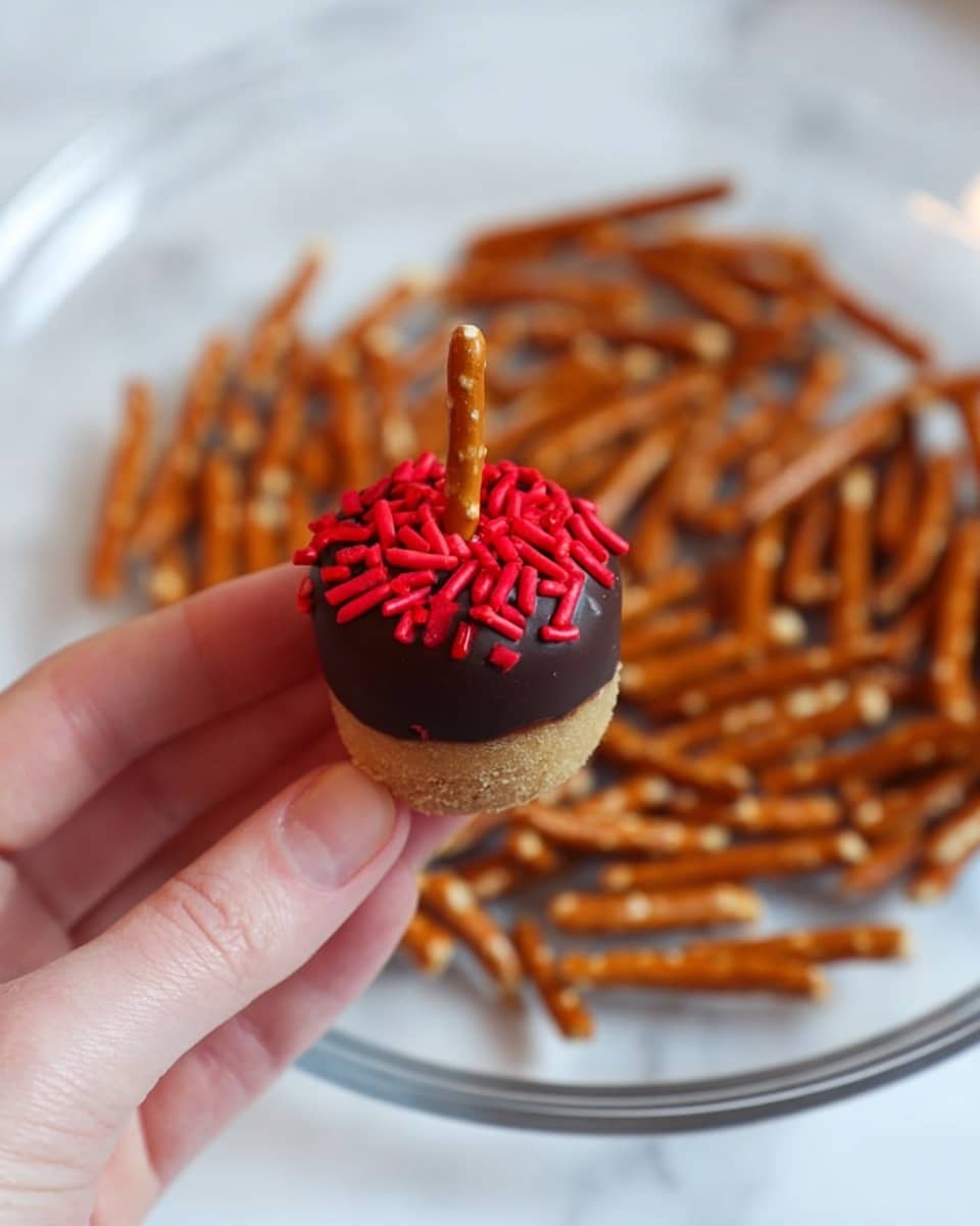 A small, round treat is held by a woman's hand in the foreground, showing three clear layers: the bottom layer is a tan, soft cake-like base with a slightly rough texture; the middle layer is a smooth, glossy dark chocolate coating covering the top half; the top layer is made of bright red, thin cylindrical sprinkles adding a rough texture. A short, thin pretzel stick is inserted vertically into the top center of the treat. In the background, a white plate with a clear rim is spread with many small, smooth, brown pretzel sticks scattered loosely over the surface. The scene is set on a white marbled texture. photo taken with an iphone --ar 4:5 --v 7