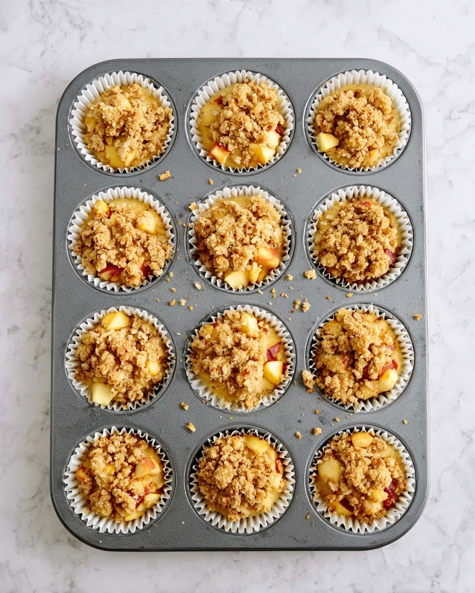 A grey muffin tray holds twelve white paper cupcake liners filled with unbaked muffins. Each muffin has two layers: the bottom layer is pale yellow batter mixed with small chunks of red and yellow apples, while the top layer is a crumbly, golden-brown streusel topping with rough oat pieces and cinnamon-spiced bits sprinkled over the apple mix. The tray sits on a white marbled surface, showing some small scattered bits of the batter and topping around the cups. photo taken with an iphone --ar 4:5 --v 7