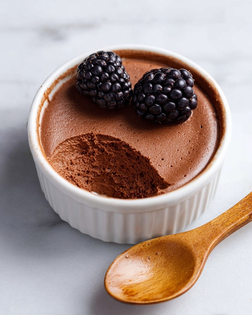 A small white ceramic ramekin holds a light and airy chocolate mousse with a smooth, slightly glossy top layer. One spoonful has been taken out, revealing a textured, soft, and spongy middle layer of mousse inside. Two plump, dark purple blackberries sit side by side on the untouched mousse near the center. To the right of the ramekin, a wooden spoon with a clean surface rests on a white marbled background. The overall look is simple and inviting. photo taken with an iphone --ar 4:5 --v 7