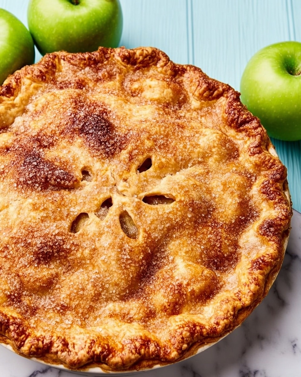 A golden-brown apple pie with a rough, flaky crust and visible sugar crystals sprinkled on top, featuring six vent slits arranged in a circular pattern; the edges are crimped tightly with a fork. The pie sits directly on a white marbled surface, with two fresh green apples placed to the upper left side of the pie. The blue wooden background from the original image is replaced by the white marbled texture, making the warm tones of the pie stand out. Photo taken with an iphone --ar 4:5 --v 7