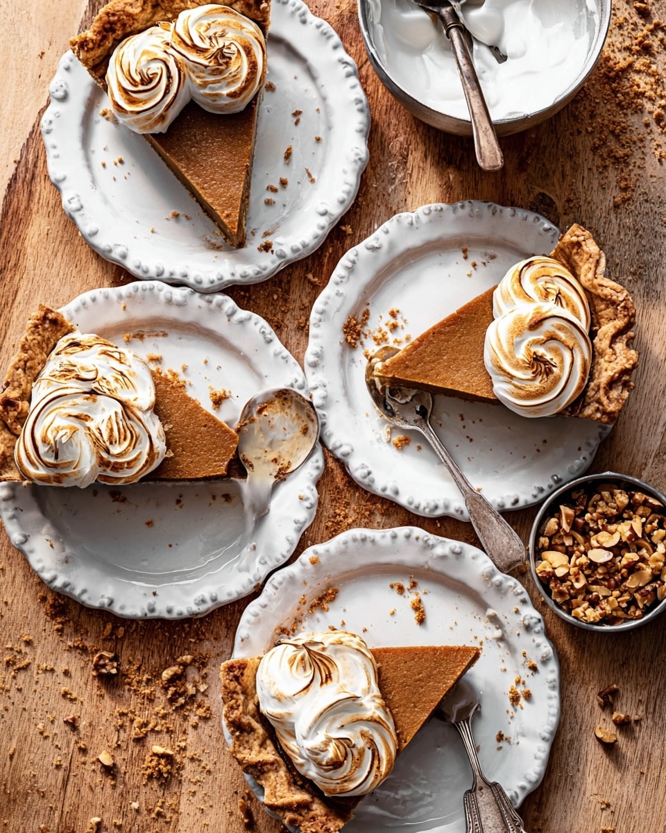 The image shows four slices of pie on white vintage-style plates with scalloped edges, each slice having three swirls of toasted meringue on top. The pie filling is a smooth, rich brown color, with a slightly golden crust at the edges. The meringue swirls are white with golden brown toasted tips. In the top right corner, a small bowl with chopped nuts sits on a white vintage plate, with a spoon holding white cream beside it. The surface underneath is a warm wooden texture with some nut crumbs scattered around. Photo taken with an iphone --ar 4:5 --v 7