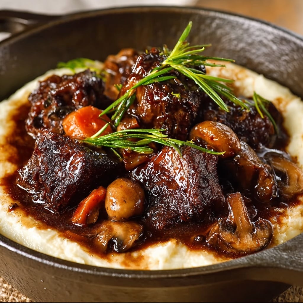 A hearty plate featuring large, tender cubes of dark brown, braised beef short ribs with a glossy, caramelized exterior sits in a rustic black dish. The beef is nestled in a rich, deep brown sauce alongside thick slices of orange carrots and earthy brown mushrooms, all swimming in the savory jus. To the side, there is a layer of creamy, pale yellow mashed potatoes, creating a soft contrast to the meat and vegetables. Fresh green herbs, including a sprig of rosemary and thyme, are artfully placed on top and to the side for a touch of color and garnish. The visual layers move from the glossy beef and vegetables in sauce at the bottom, to the mashed potatoes on one side, topped with scattered chopped herbs. photo taken with an iphone --v 7.0