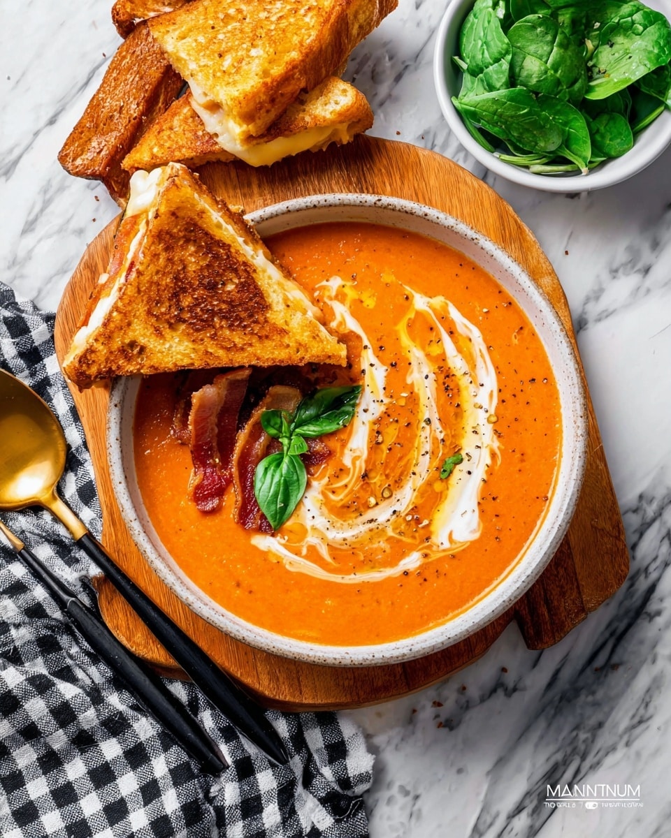 A bowl of creamy orange tomato soup is at the center, topped with swirls of white cream and a drizzle of golden olive oil, sprinkled with black pepper. Resting on the bowl’s edge are two triangular grilled cheese sandwiches with golden brown, crispy crusts and melted cheese oozing out. Crispy strips of reddish-brown bacon peek out from between the sandwiches. Bright green basil leaves sit on the soup surface near the sandwiches. The bowl is on a round wooden board with a few more grilled cheese pieces and bacon on it. To the side is a small white bowl with fresh spinach leaves and a gold spoon with a black handle. All of this is set on a white marbled surface with a black and white checkered cloth nearby. photo taken with an iphone --ar 4:5 --v 7