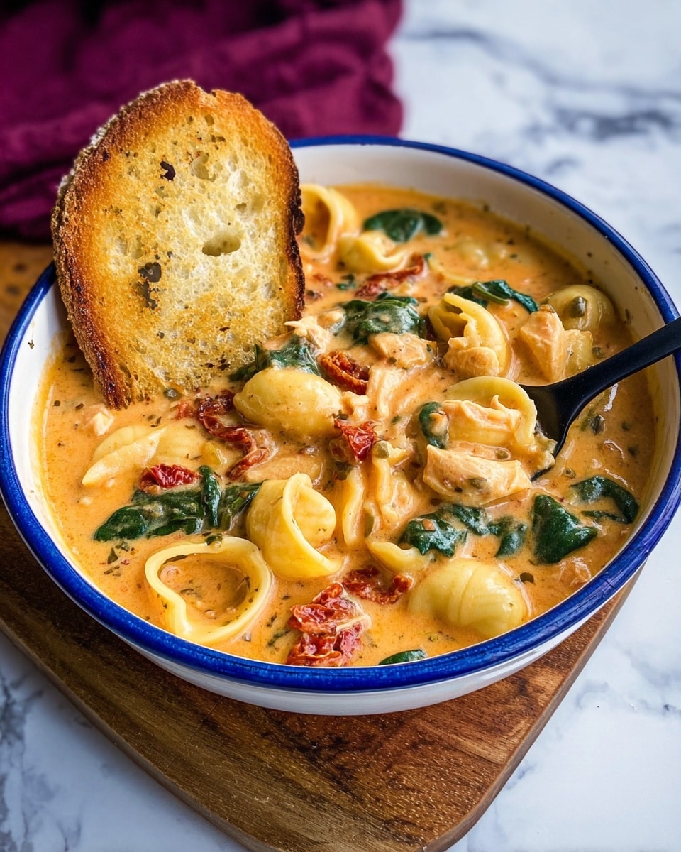 A white bowl with a blue rim holds a creamy orange soup with visible layers of small pasta shells, wilted dark green spinach leaves, and pieces of red tomatoes mixed throughout the thick broth. The soup looks smooth with some specks of herbs or spices. Behind the bowl, there is a thick slice of toasted bread with a golden-brown crust placed on a round wooden board. The whole scene is set on a white marbled surface with a purple cloth in the background. photo taken with an iphone --ar 4:5 --v 7