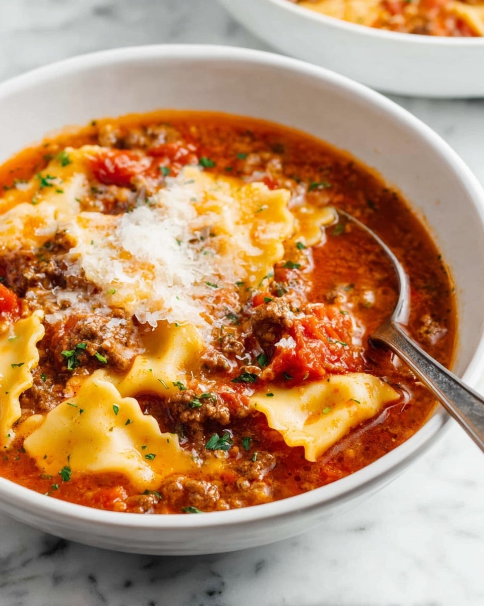 A white bowl filled with a warm, hearty soup featuring two visible layers of wide, wavy-edged yellow pasta floating on the surface and submerged in a rich, red tomato broth with chunks of ground meat and diced tomatoes. The top layer of pasta is slightly covered with finely grated white cheese melting into the hot soup. Small bits of green herbs are sprinkled over the dish adding a fresh touch. A silver spoon rests inside the bowl on the right side, partially in the soup. The background is a clean white marbled texture. photo taken with an iphone --ar 4:5 --v 7