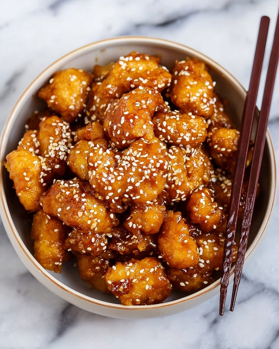 A round white bowl filled with many small, golden brown pieces of fried chicken coated with glossy sauce and sprinkled with white sesame seeds, giving a crunchy texture. The chicken pieces are piled high inside the bowl, showing a mix of smooth and crispy surfaces. Two brown wooden chopsticks are placed inside the bowl on the right side, slightly lifting some chicken pieces. The bowl sits on a surface with a white marbled texture. photo taken with an iphone --ar 4:5 --v 7