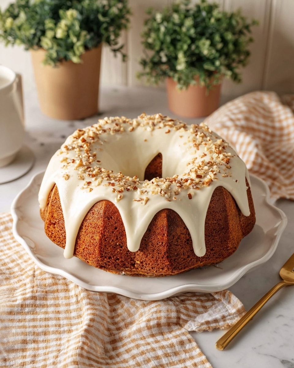 A single-layer round bundt cake with a golden brown textured surface sits on a white scalloped plate, topped with a smooth, thick layer of white icing that drips down the sides in uneven, soft waves. The icing is sprinkled with small pieces of chopped nuts, adding a crunchy look. The cake is placed on a white marbled textured table covered partially by a beige and white checkered cloth. Nearby, a gold cake server rests on a cream-colored cloth. In the background, there are some green potted plants adding a fresh touch. photo taken with an iphone --ar 4:5 --v 7