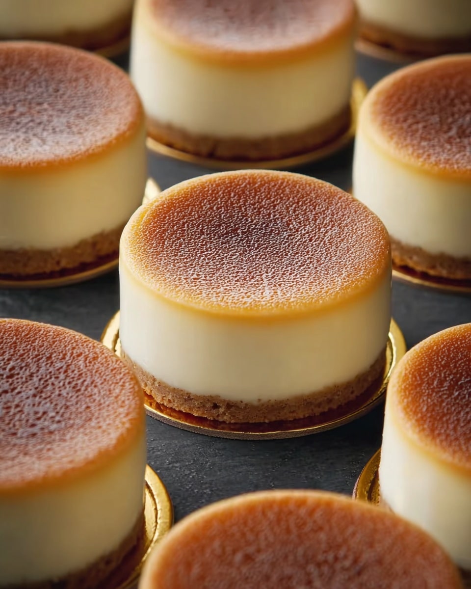 Several small round cheesecakes are arranged on a dark surface, each cheesecake having three distinct layers. The bottom layer is a thin, crumbly crust in a light brown color. The middle layer is thick and creamy white, smooth and firm. The top layer is a thin golden-brown top with a slightly domed shape and a fine lightly textured surface. Each cheesecake sits on a shiny golden base, creating a neat presentation. The photo taken with an iphone --ar 4:5 --v 7
