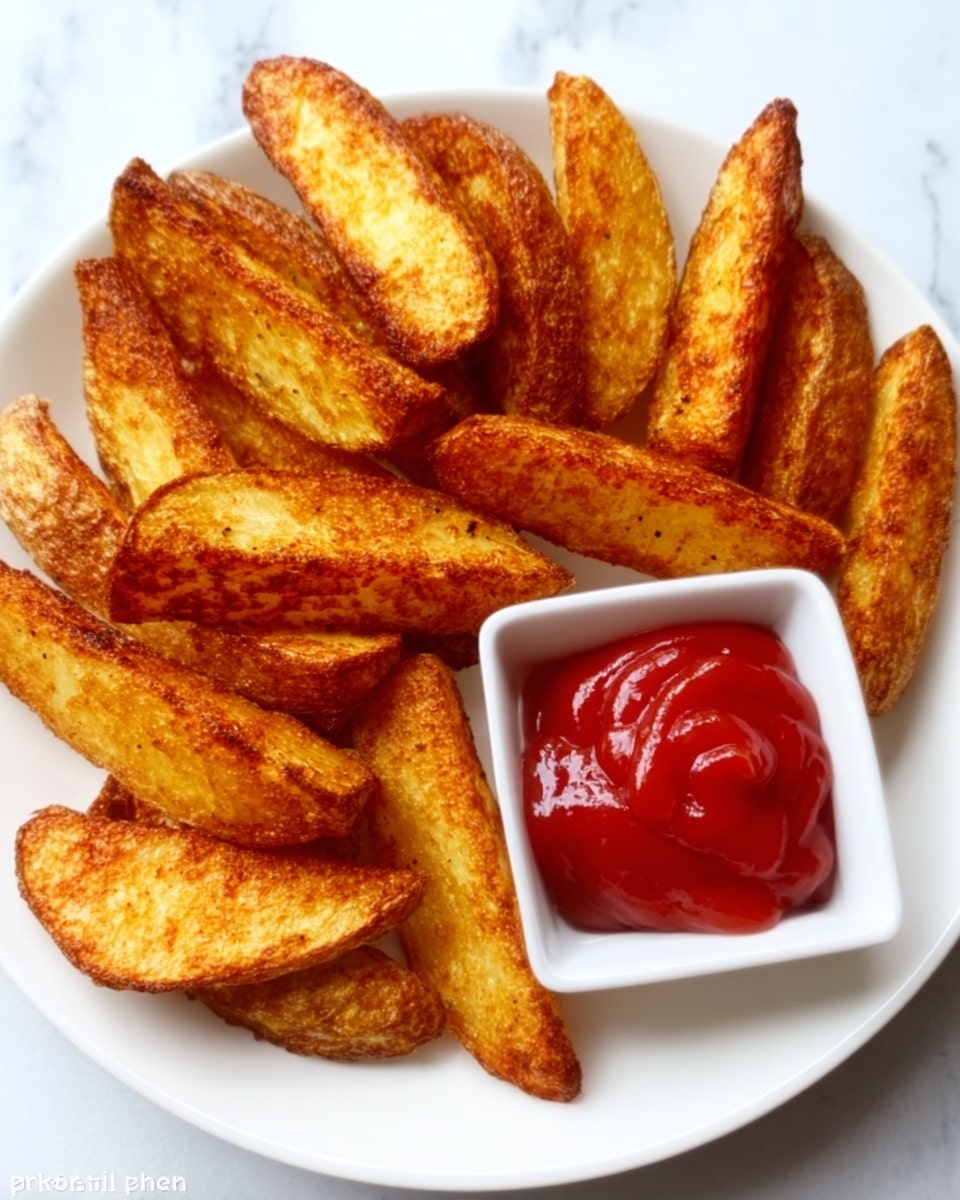 The image shows a white plate filled with thick, golden-brown potato wedges, spread out in a rough circle. The wedges have a crispy, seasoned outer layer with visible spices and a slightly rough texture. On the top right of the plate sits a small white square dish filled with smooth, bright red ketchup, contrasting with the textured potato wedges. The plate is placed on a white marbled surface, adding a clean and fresh background to the warm colors of the food. Photo taken with an iphone --ar 4:5 --v 7