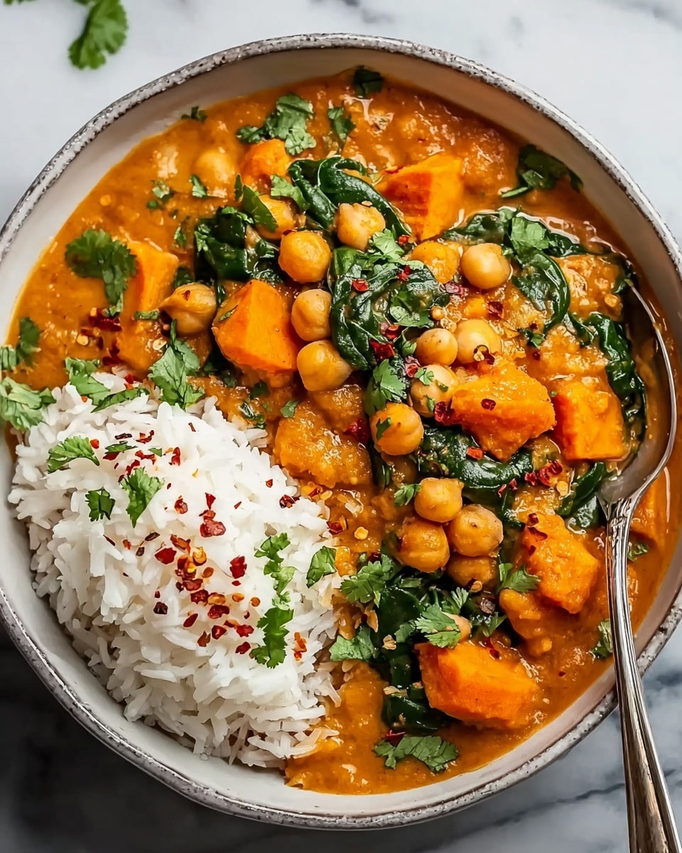 This image shows a bowl with two main layers: on one side, there is a white cooked rice layer with soft, separated grains, and on the other side is a thick orange curry that contains chunks of bright orange sweet potato and beige chickpeas. The curry is topped with fresh green chopped herbs and a small dollop of white sauce or yogurt in the center with a sprinkle of red chili flakes on top. The bowl has a brown textured rim and is placed on a surface with a white marbled texture. photo taken with an iphone --ar 4:5 --v 7