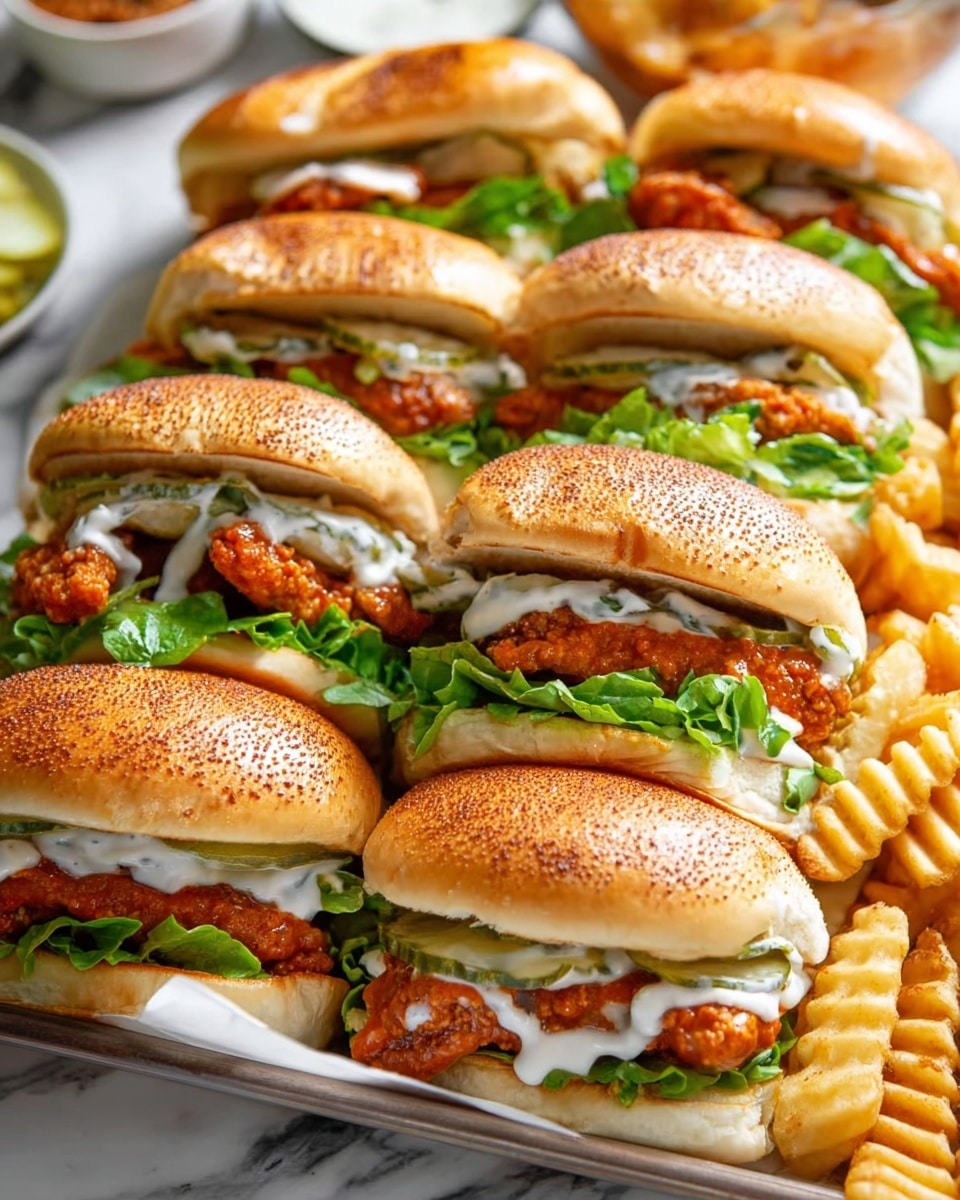 A white tray filled with several small sandwiches made with soft, light brown bread dusted with a reddish spice on top, each sandwich cut in half lengthwise and stacked. Inside each sandwich is a layer of fresh green lettuce, a layer of orange crispy chicken coated in sauce, and a drizzle of white creamy sauce, with some visible green pickles or jalapeños adding texture. In the background are more whole bread loaves and a white cup with orange dipping sauce, all placed on a white marbled surface with some fried potato chips on one side. The colors contrast well with the bright green lettuce and creamy white sauce against the warm tones of the bread and chicken. Photo taken with an iphone --ar 4:5 --v 7