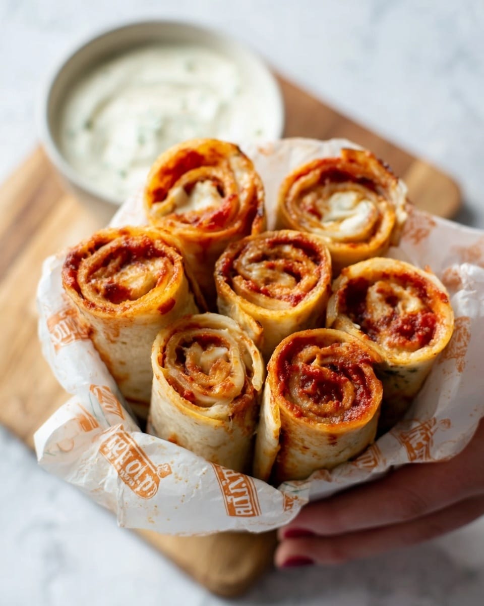 The image shows six rolled wraps standing upright in a small container lined with white paper that has orange text. Each wrap has a warm golden-brown outer layer with visible crispy edges. Inside, there are layers of red tomato sauce and melted white cheese, giving a marbled mix of red and white colors. The wraps are arranged close together, showing the spiral layers inside each one. In the background, there is a white bowl filled with a creamy white sauce, all placed on a white marbled surface. A woman's hand is gently holding the edge of the container. Photo taken with an iphone --ar 4:5 --v 7