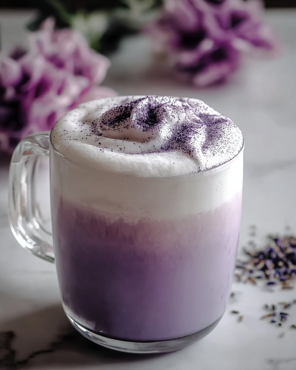 A clear glass mug holds a three-layered drink. The bottom layer is a smooth light purple liquid filling most of the mug. Above it is a thick, white foam layer that rises above the mug’s edge, soft and fluffy with a wavy texture. On top of the foam is a dusting of fine dark purple powder scattered unevenly in the center. The mug sits on a white marbled surface with blurred purple flowers nearby in the background. Photo taken with an iphone --ar 4:5 --v 7