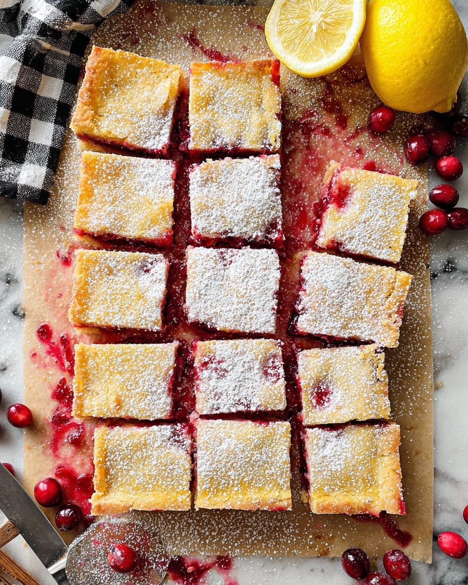 A square tray of 16 lemon cranberry bars cut into equal squares, each bar showing a golden brown top layer dusted generously with powdered sugar. Beneath the top layer, a slightly translucent reddish cranberry filling peeks through the edges and cracks, contrasting with the light crust. The bars sit on parchment paper with cranberry stains, surrounded by whole red cranberries and a squeezed lemon half at the corner, all placed on a white marbled surface. A silver knife and a black-and-white checkered cloth are partially visible at the edges of the scene. Photo taken with an iphone --ar 4:5 --v 7