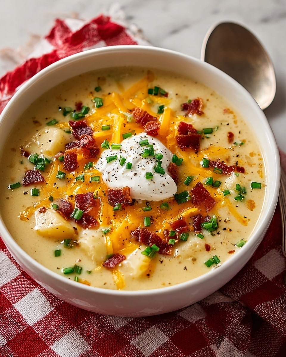 A white bowl filled with creamy, thick potato soup that has a pale yellow base with visible chunks of tender potatoes. On top, there is a layer of shredded orange cheddar cheese partly melted, scattered dark red crispy bacon pieces, and fresh green chopped chives. In the center, a small dollop of white sour cream rests, surrounded by a light sprinkle of black pepper. The bowl sits on a red and white checkered cloth over a white marbled surface, with a silver spoon lying next to it. photo taken with an iphone --ar 4:5 --v 7