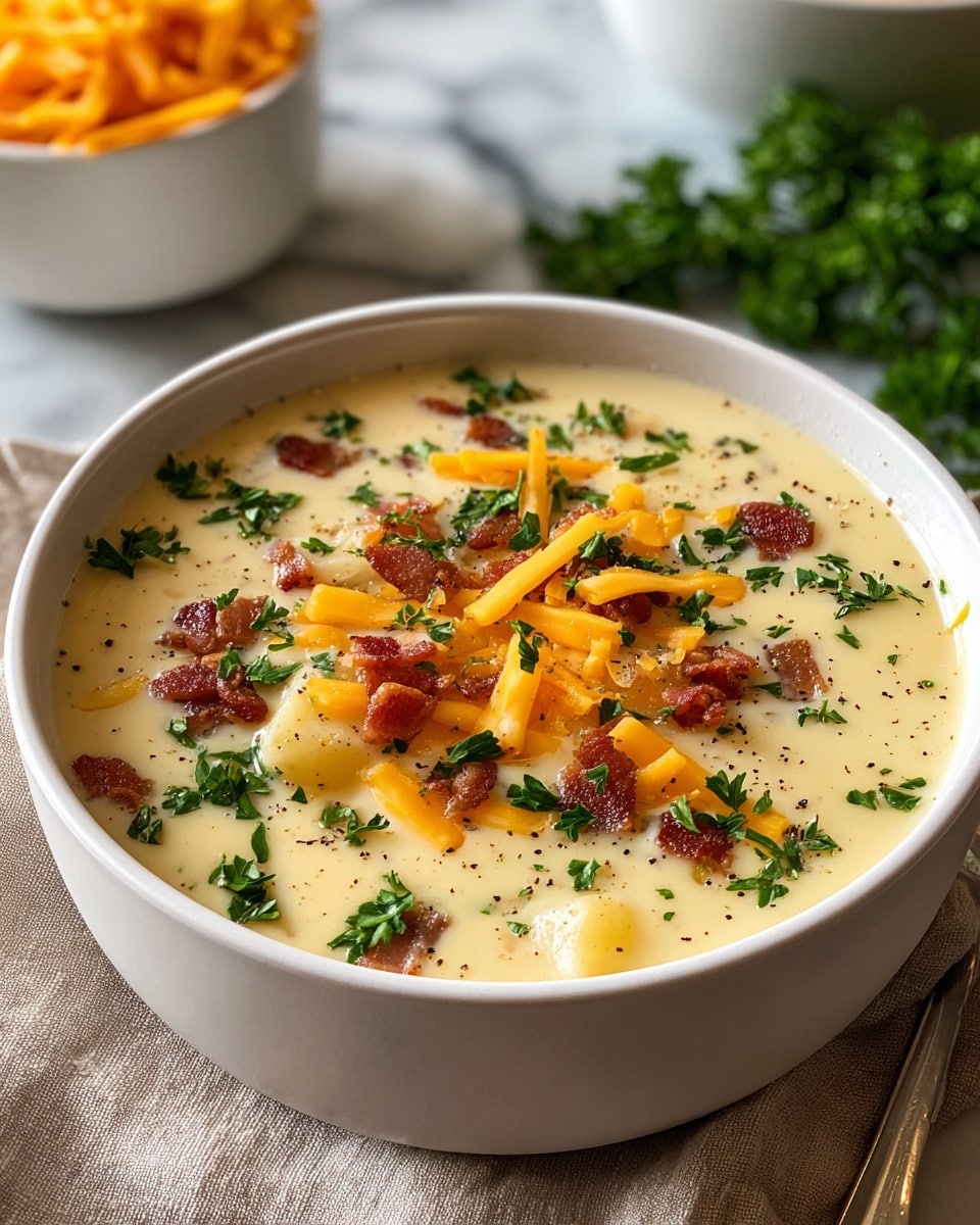 A white bowl filled with creamy pale yellow soup with visible chunks of potatoes beneath the surface. On top, there are scattered thin ribbons of bright orange cheddar cheese, small crisp pieces of browned bacon, and fresh green parsley leaves sprinkled all over. The soup surface is smooth with a few specks of black pepper, sitting on a white marbled table with a beige cloth around the bowl. In the background, there is a blurred white bowl filled with cheddar cheese curls and green parsley leaves, making the scene warm and inviting. photo taken with an iphone --ar 4:5 --v 7