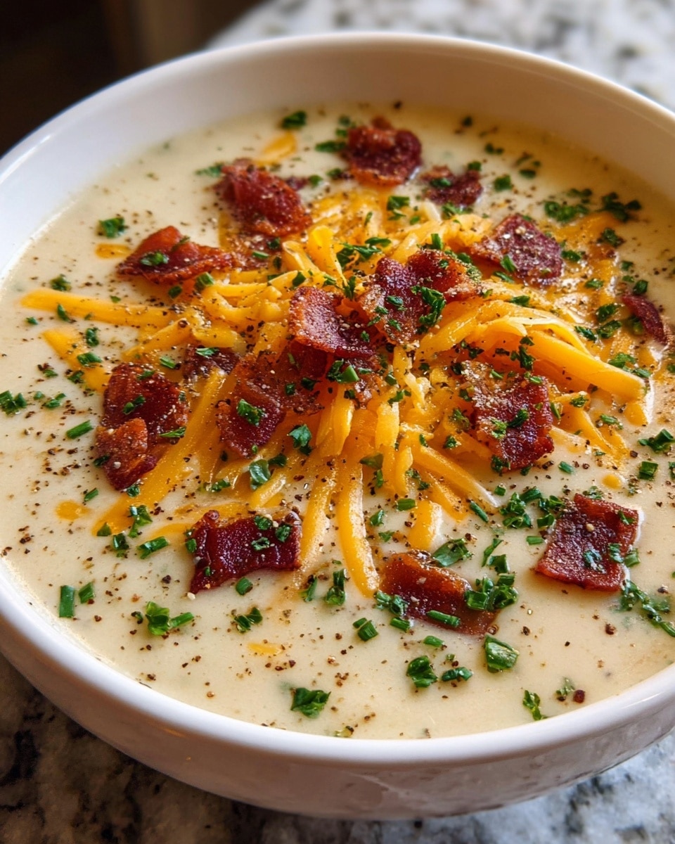 A close-up image of a creamy soup served in a white bowl, filled to the top with a thick, light beige base. The top layer is covered with bright orange shredded cheddar cheese scattered unevenly, and small dark red-brown crispy bacon pieces spread around. Green chopped herbs are sprinkled on top, adding a fresh touch, and a light seasoning of black pepper is visible throughout. The bowl sits on a white marbled surface, contrasting with the warm colors of the soup. photo taken with an iphone --ar 4:5 --v 7