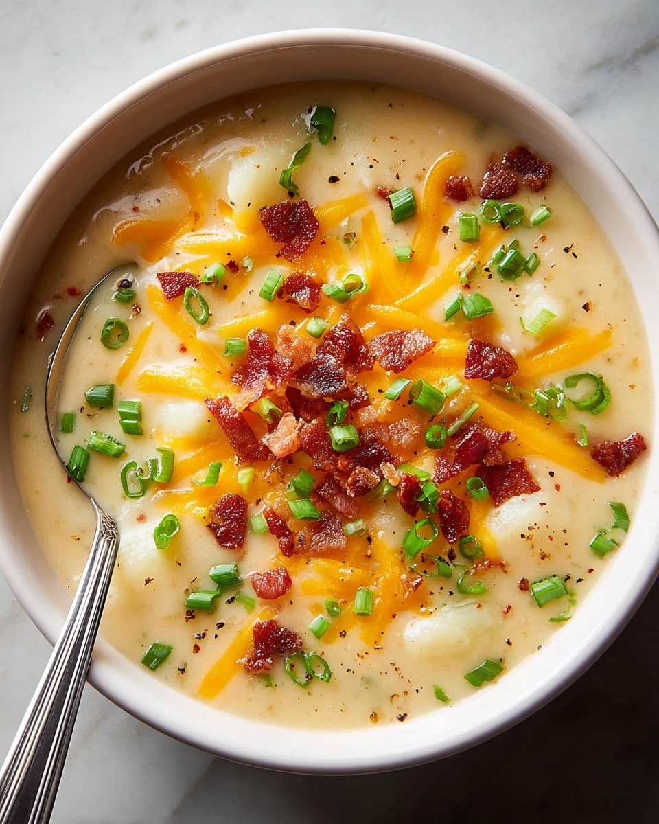On the left side, a black slow cooker filled to the top with chopped, peeled potatoes showing varying off-white and light yellow colors, placed on a white marbled surface with small bowls of salt and pepper nearby. On the right side, a close-up of a creamy soup with a thick, beige base, visible chunks of potatoes, bright orange shredded cheddar cheese, crispy brown bacon pieces, and small green sliced scallions scattered on top; a white spoon lifts a scoop of the soup, highlighting the mixed textures and colors. Photo taken with an iphone --ar 4:5 --v 7