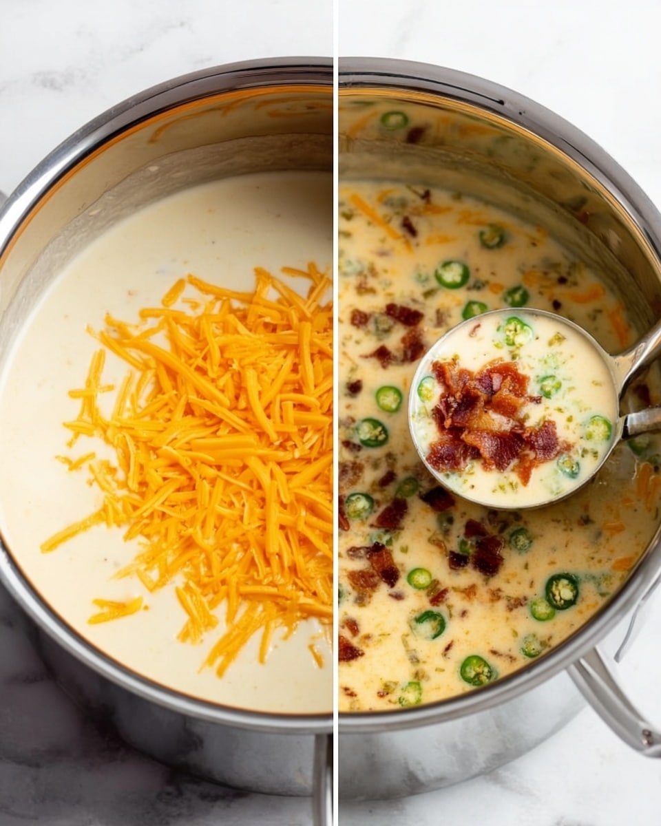 The image shows two side-by-side photos of a creamy soup inside a shiny silver pot on a white marbled surface. On the left side, the soup base is smooth and off-white, topped with a layer of bright orange shredded cheddar cheese scattered unevenly on the surface. On the right side, the finished soup has a thick creamy texture with bits of crispy brown bacon and small green slices of jalapeño floating on top. A silver ladle scoops some soup, showing the bacon and jalapeño pieces clearly in a creamy light yellow broth. photo taken with an iphone --ar 4:5 --v 7