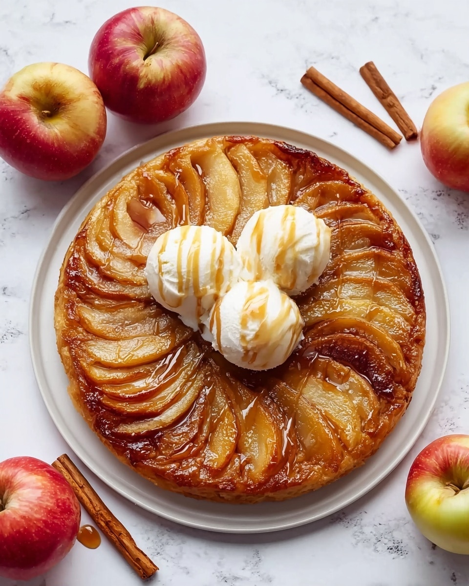 A round apple upside-down cake with a shiny, golden-brown caramelized top layer showing thin, translucent apple slices arranged in a circular pattern radiating from the center; the cake base underneath is darker and moist, while on top are three scoops of ice cream with smooth, creamy white texture and caramel syrup drizzled over them, all served on a white plate placed on a white marbled surface with apples and cinnamon sticks nearby. Below, two smaller round pans show the cake in earlier stages: one with light beige batter mixed with thin apple slices scattered on top, and the other with neatly arranged red and white apple slices in concentric circles on the batter. photo taken with an iphone --ar 4:5 --v 7