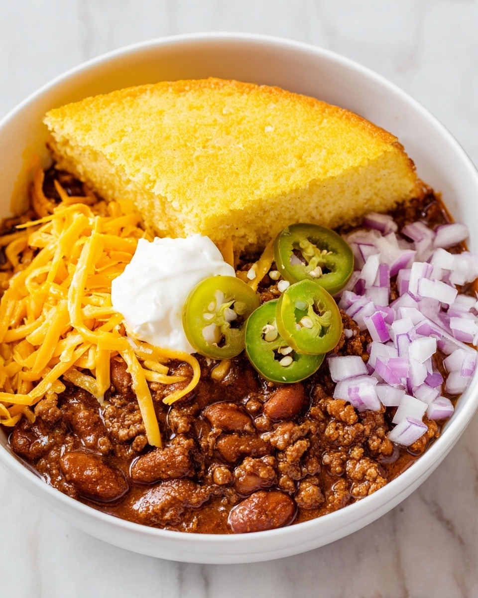 A white bowl filled with four visible layers of food is shown. The bottom layer is rich brown chili with pieces of ground meat and beans. On top of that is a layer of bright orange shredded cheddar cheese. The next layer has small pieces of finely chopped purple onion evenly spread on the right side. Three round, green jalapeño slices are placed near the middle. The top layer is a golden-yellow triangular slice of cornbread with a smooth dollop of white butter melting in the center. The bowl sits on a white marbled surface. photo taken with an iphone --ar 4:5 --v 7