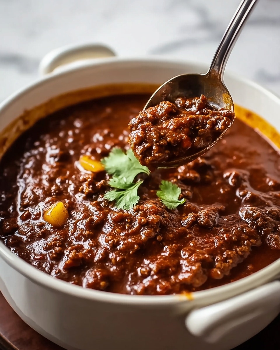 A close-up of a dark brown chili stew filled with ground meat and small chunks of yellow vegetables, topped with a few green cilantro leaves on the surface. The thick, glossy chili sauce has a rich texture with visible bits of meat and vegetable. A silver spoon is partially dipped into the chili from the right side, showing the stew's thick consistency. The chili is served in a white bowl with two handles, placed against a blurred white marbled texture background with soft lighting. Photo taken with an iphone --ar 4:5 --v 7