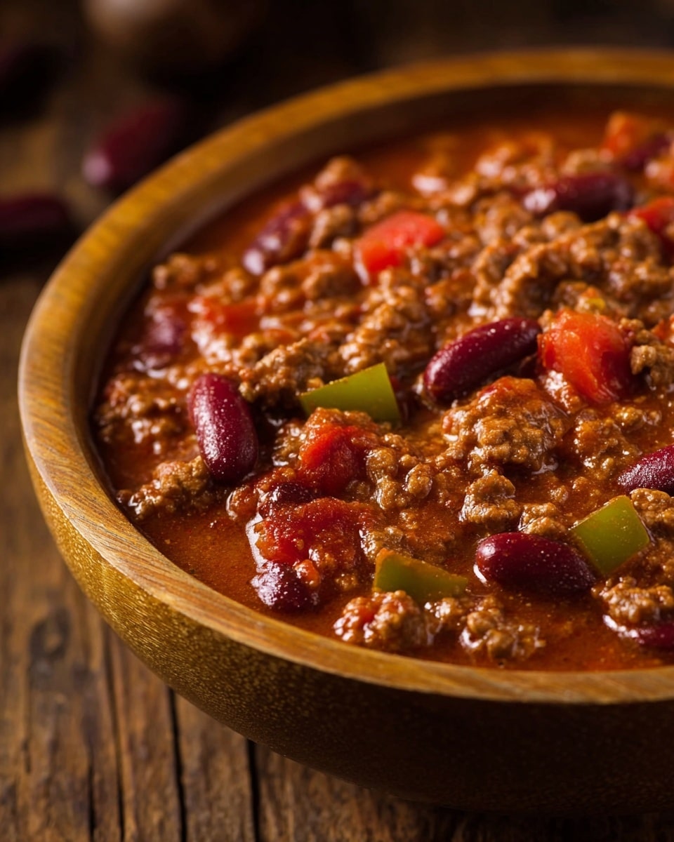 A close-up view of a bowl of chili showing a rich, thick mixture with multiple layers; the base layer is a reddish-brown sauce with chunks of cooked ground meat, deep red kidney beans scattered throughout, and pieces of diced green bell pepper and tomato, all blending together with a slightly oily and textured surface. The bowl is a smooth, round wooden texture and sits on a wooden table, though the background is softly blurred making the chili the main focus. photo taken with an iphone --ar 4:5 --v 7