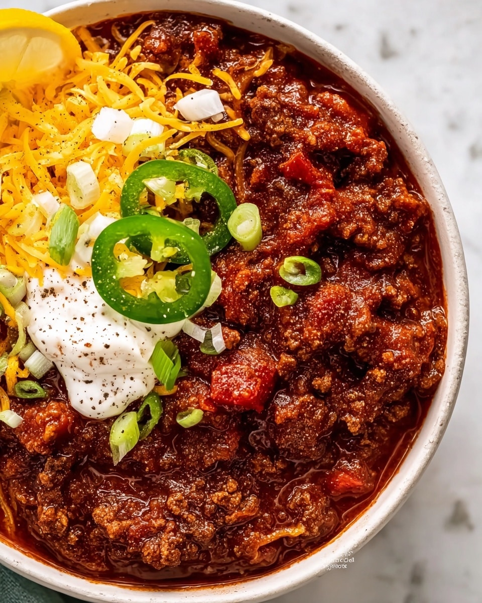 A close-up view of a bowl filled with thick, chunky chili showing dark brown and red cooked ground meat and small diced reddish-orange vegetables mixed in a rich, deep red sauce. On one side of the bowl, there is a topping layer with shredded yellow cheddar cheese, slices of green jalapeño peppers, thinly sliced white and green scallions, small bits of red onion, and dollops of white sour cream sprinkled with black pepper. A half slice of yellow lemon is slightly visible on the edge of the bowl. The bowl is white and placed on a white marbled surface. Photo taken with an iphone --ar 4:5 --v 7