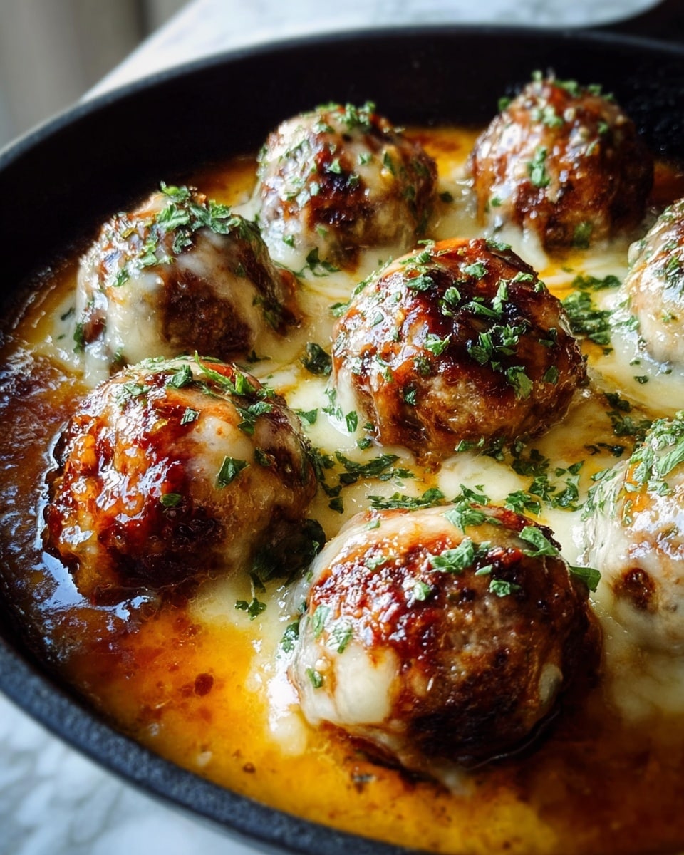 The image shows a close-up of six golden-brown meatballs arranged in a circular pattern inside a black skillet. Each meatball is covered with melted, slightly browned cheese that drapes down their sides, creating a creamy texture. Small green herb flakes are sprinkled over the meatballs and cheese, adding color contrast. The skillet holds a rich, orange-brown sauce that pools around the base of the meatballs, adding a glossy shine to the dish. The background is a white marbled texture, and natural light softly highlights the textures and colors. photo taken with an iphone --ar 4:5 --v 7