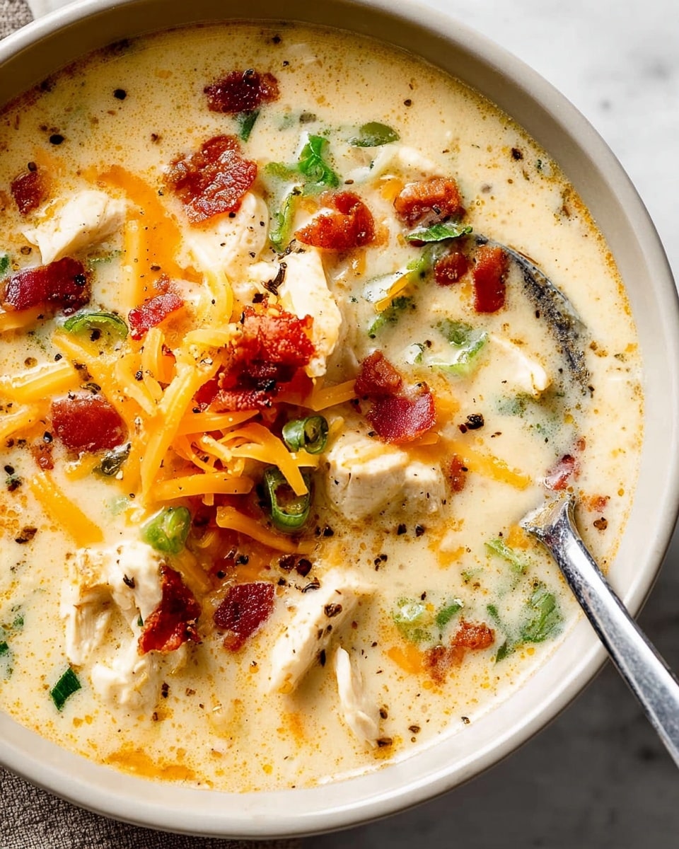A close-up view of a creamy soup served in a white bowl, filled with a thick, pale yellow base. On top, there are pieces of tender white chicken meat mixed with bright orange shredded cheese, small crispy red bacon bits, and fresh green scallion slices. The soup is speckled with black pepper and bits of green herbs. A silver spoon rests on the side of the bowl, partially dipped into the soup, all placed on a white marbled surface. Photo taken with an iphone --ar 4:5 --v 7