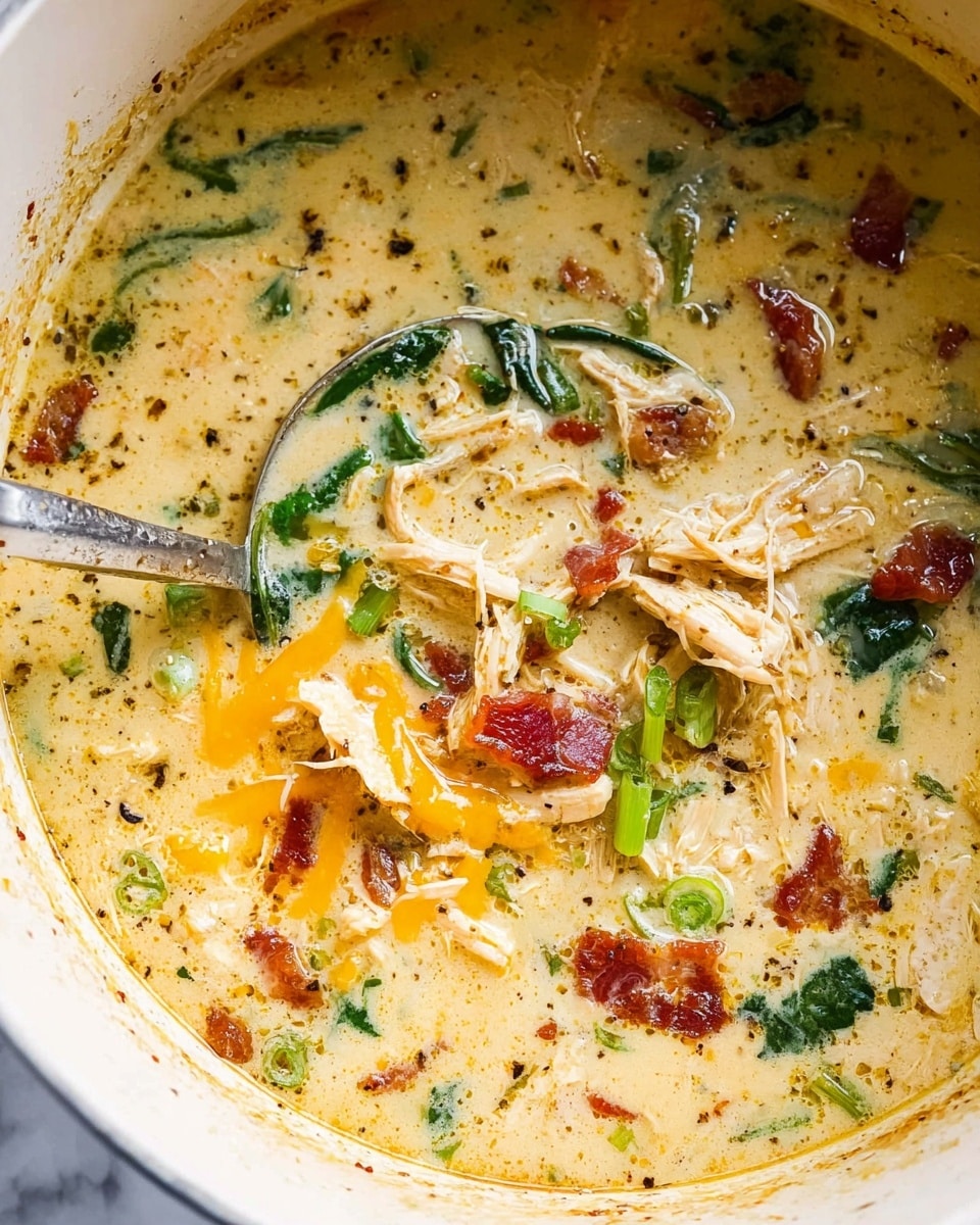 A close-up view of a creamy soup in a white pot, filled with several layers including shredded chicken pieces in pale beige, melted cheddar cheese in bright orange, fresh green spinach leaves, small chunks of reddish-brown bacon, and thin sliced green onions. The broth is thick and creamy with a light yellow color and flecks of black pepper scattered throughout. A metal ladle rests in the soup, partially submerged, showing the rich textures of the ingredients. The edges of the pot are slightly stained, adding a home-cooked feel to the image. The background is a white marbled texture. photo taken with an iphone --ar 4:5 --v 7