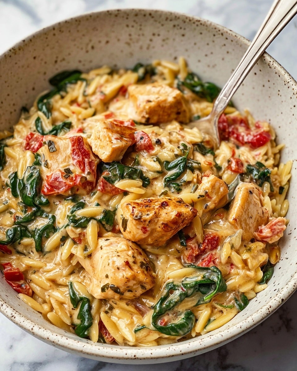 A close-up view of a creamy dish in a white bowl with speckled texture, featuring three main layers: chunks of golden-brown cooked chicken pieces, bright red tomato bits, and fresh dark green spinach leaves, all mixed with small, pale yellow orzo pasta coated in a rich cream sauce with visible herbs and spices, creating a textured and colorful mix. The dish is shown with a silver fork resting inside the bowl. The background is a white marbled texture. photo taken with an iphone --ar 4:5 --v 7