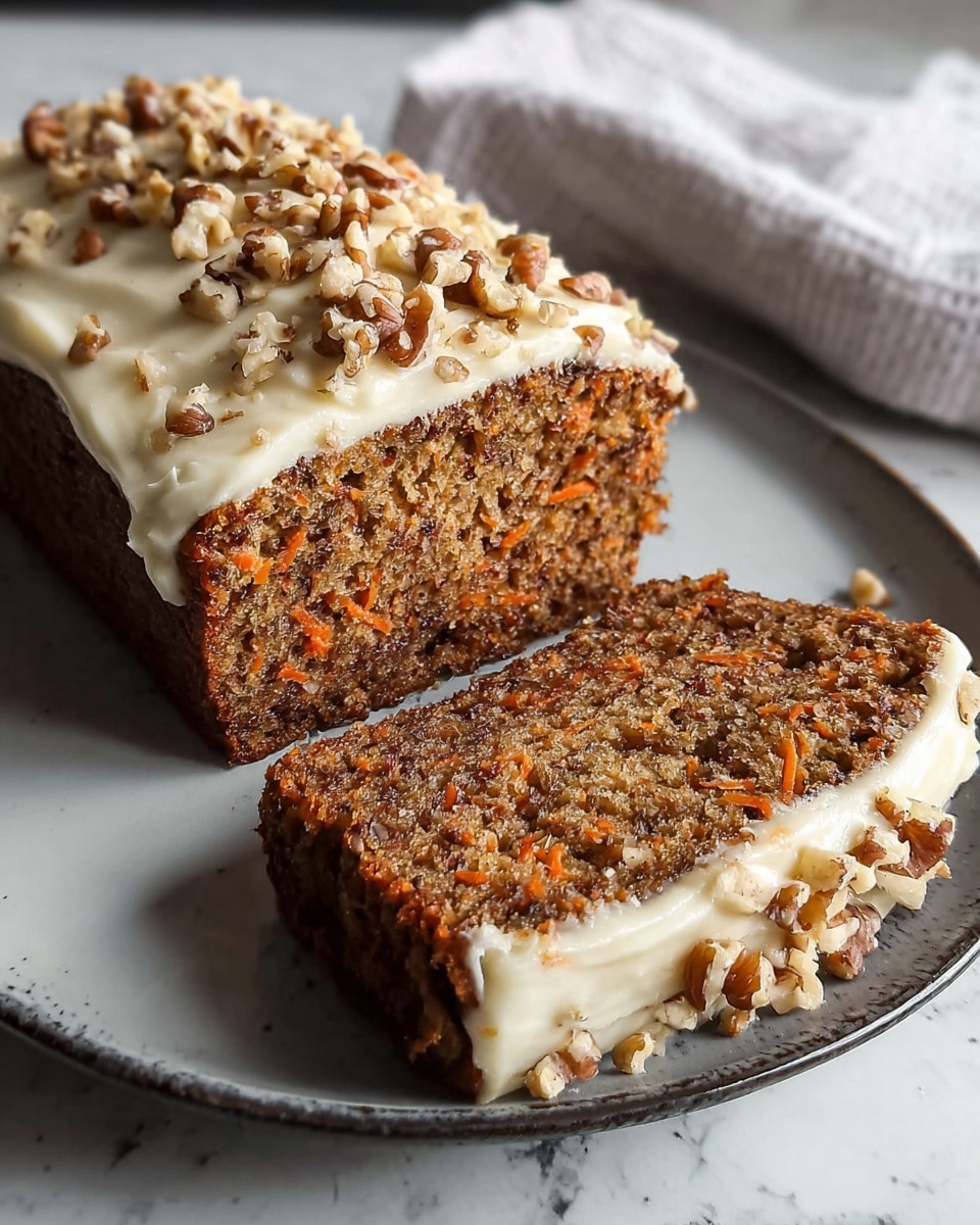 A loaf of carrot cake is shown on a white plate with one thick slice cut and placed next to it. The cake has two main layers: a moist-looking textured brown cake with visible orange carrot shreds and small nut pieces inside, topped with a thick, creamy off-white frosting layer that covers the top and slightly drips down the sides. The top of the frosting is sprinkled with chopped walnuts, adding a crunchy texture. The plate is set on a white marbled surface, with a white cloth napkin partially visible in the background. photo taken with an iphone --ar 4:5 --v 7