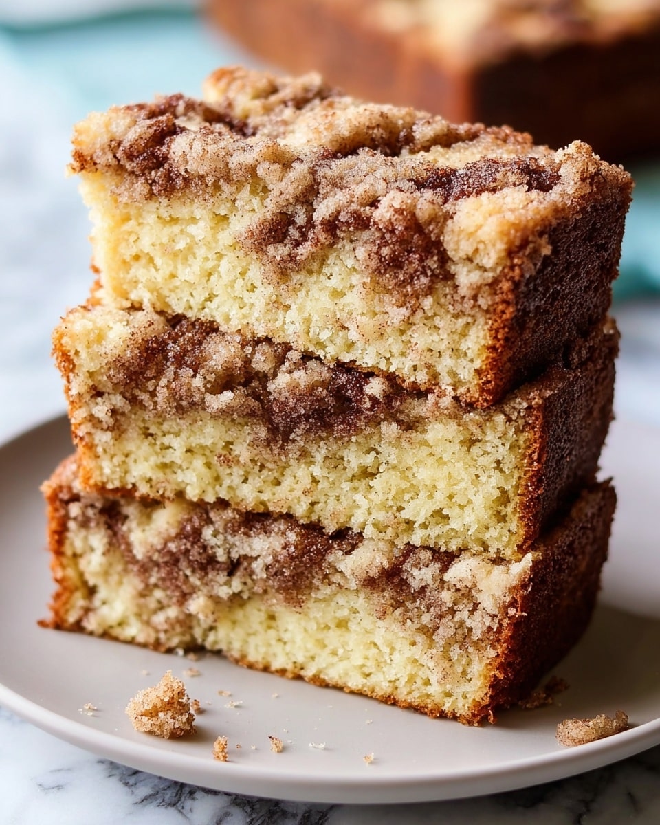 A loaf of crumb cake is sliced into three thick pieces stacked on a white plate, showing three layers—the bottom and middle layers are light golden-brown cake with a soft, crumbly texture, and the top layer is a thick, uneven crust of dark golden-brown cinnamon sugar crumbs. The cake edges are darker, crispier brown, and a few crumbs are scattered near the plate. The background is a white marbled texture. photo taken with an iphone --ar 4:5 --v 7