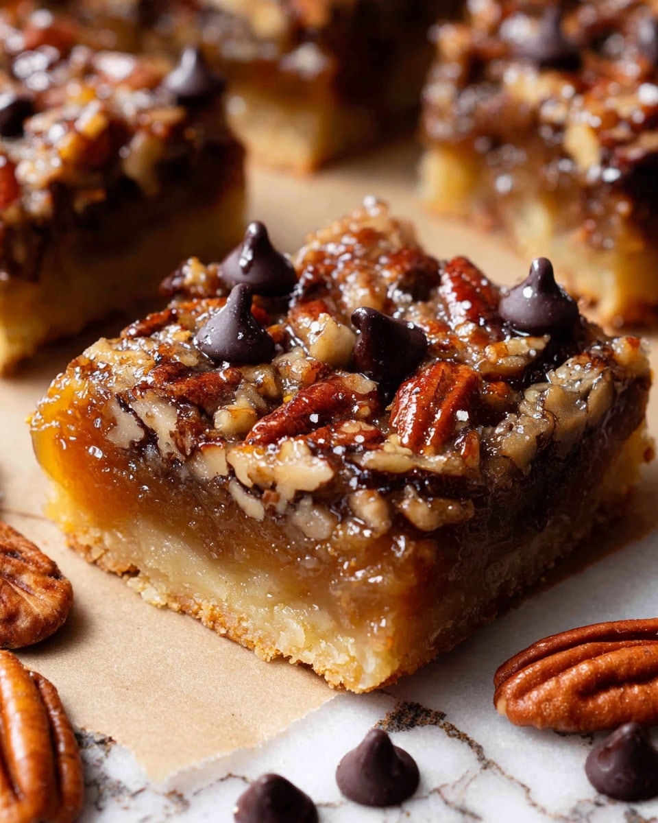 A close-up of a square piece of pecan dessert bar resting on parchment paper with a white marbled surface underneath. The bottom layer is a light golden, firm crust. The middle layer is a gooey, caramel-like filling, slightly translucent and sticky. The top layer is a mixture of dark brown whole and chopped pecans embedded in a glossy, amber-colored syrup, sprinkled with large dark chocolate chips that add contrast. Around the dessert bar are scattered loose pecans and dark chocolate chips. The photo taken with an iphone --ar 4:5 --v 7