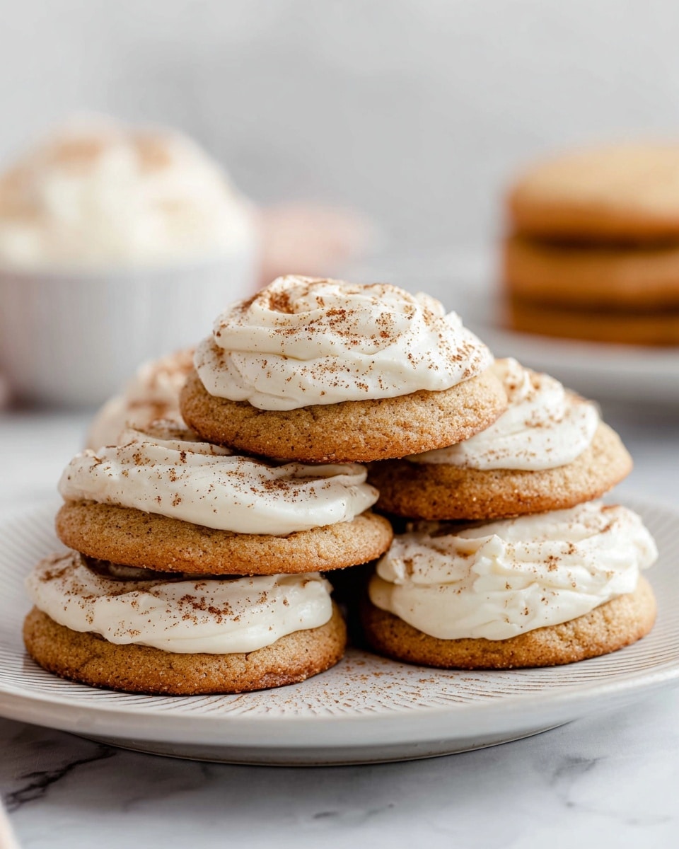 A stack of six soft, round cookies with a light brown, slightly textured base is arranged on a white plate with subtle stripe patterns. Each cookie has a thick layer of creamy white frosting spread unevenly on top, with a dusting of fine brown powder sprinkled over the frosting, adding a delicate contrast. The plate sits on a white marbled surface, and there is a blurred bowl with white contents and another stack of plain cookies in the background, giving a cozy and inviting look. photo taken with an iphone --ar 4:5 --v 7
