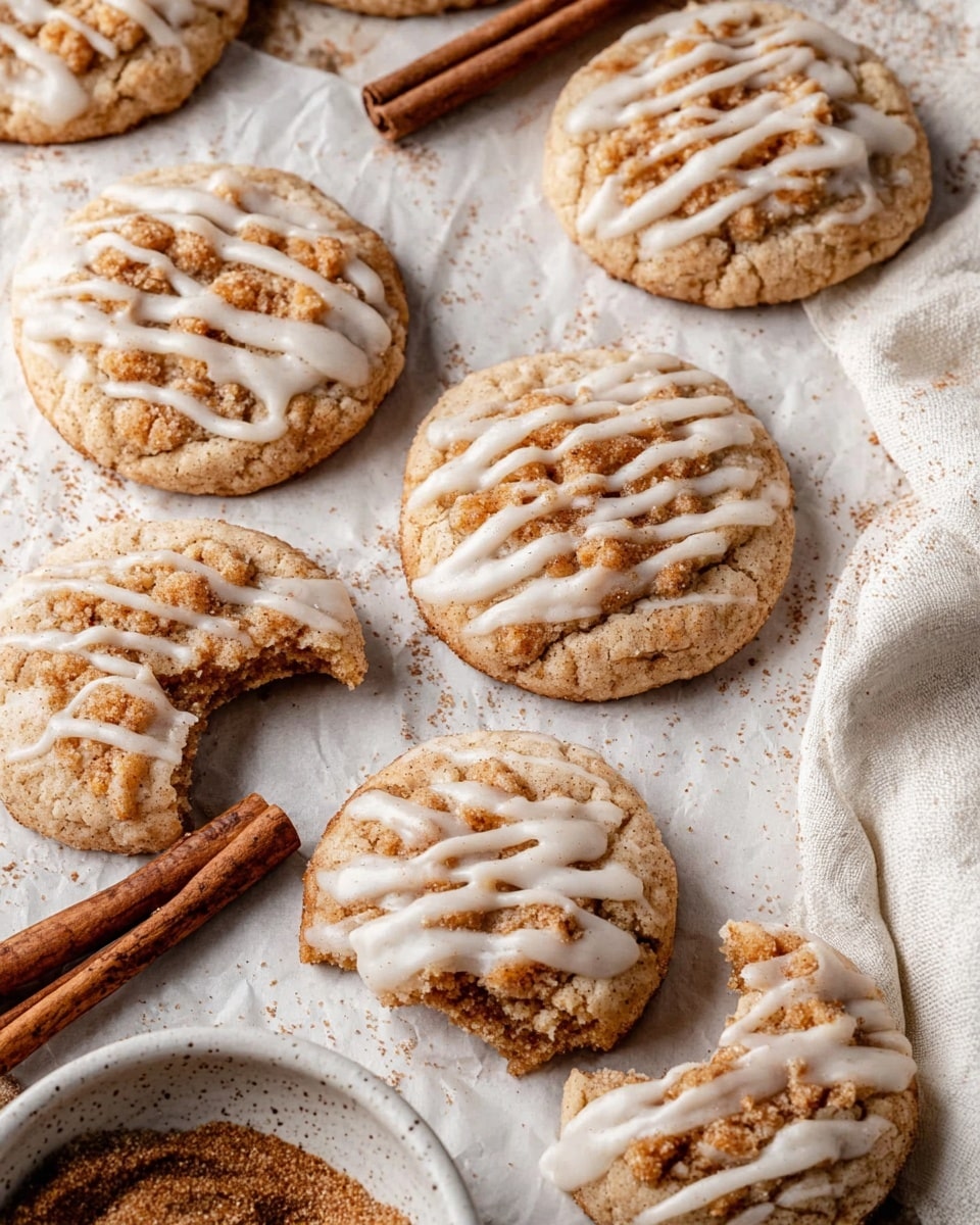 Several round, soft-looking cinnamon cookies are spread across a white marbled surface covered with parchment paper. Each cookie has a light beige base with a textured layer of crumbly cinnamon sugar unevenly scattered on top, giving a rough and crunchy look. White icing is drizzled in thin stripes over the cinnamon topping, adding a smooth and shiny contrast. One cookie is partially broken, revealing a soft inside. Nearby, a white towel is slightly crumpled, and two brown cinnamon sticks lie on the surface. A white speckled bowl with more cinnamon sugar is partly visible at the bottom left corner. Photo taken with an iphone --ar 4:5 --v 7