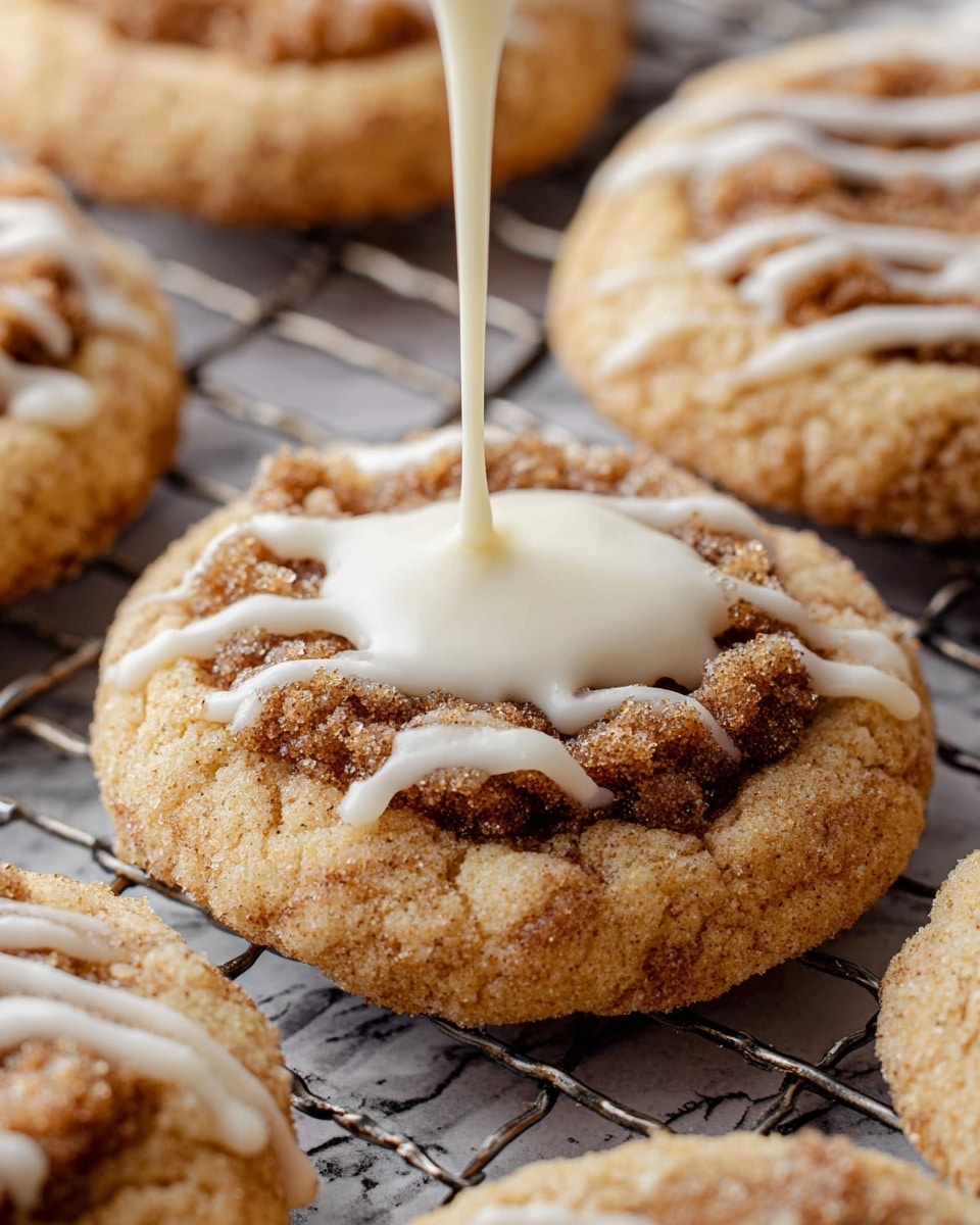 The image shows a close-up of round crumbly cookies with a light beige base and a rough texture. Each cookie has a middle layer of darker brown crumbly topping, giving a crunchy look. White creamy icing is being poured over the cookie in the center, creating a thick, smooth line that contrasts with the crumbly texture below. The cookies are placed on a metal wire cooling rack with white marbled texture visible underneath. Photo taken with an iphone --ar 4:5 --v 7