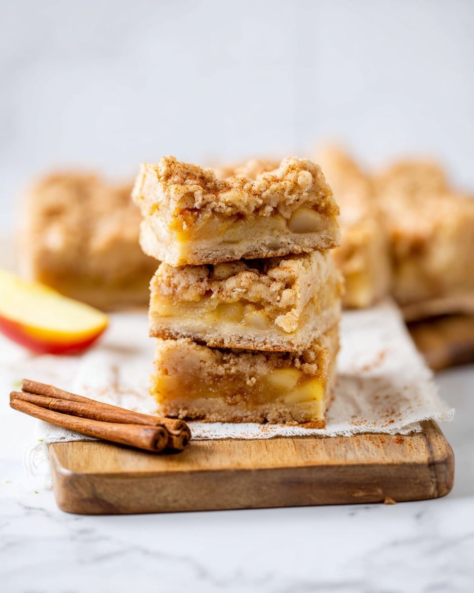 A stack of three square apple crumb bars is placed on a light brown wooden board over a white cloth on a white marbled surface. The bars show three layers: a golden brown crumbly top with uneven texture and cinnamon dust, a middle soft pale yellow apple filling, and a firm light brown base. Cinnamon sticks and a yellow-red apple slice sit beside the stack, with more bars blurred in the background on the same wooden board. The photo taken with an iphone --ar 4:5 --v 7