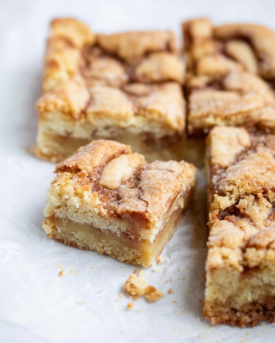 A square dessert cut into smaller square pieces with a light golden-brown, cracked top layer that looks soft and slightly crumbly. Below the top is a thicker layer of pale beige filling, showing textures that suggest a moist, dense inside with bits of fruit. The dessert pieces rest on white parchment paper, placed on a white marbled surface. One piece is slightly lifted, showing the layered middle and crumbly top clearly. The overall visual is warm and inviting with a rustic homemade feel. photo taken with an iphone --ar 4:5 --v 7