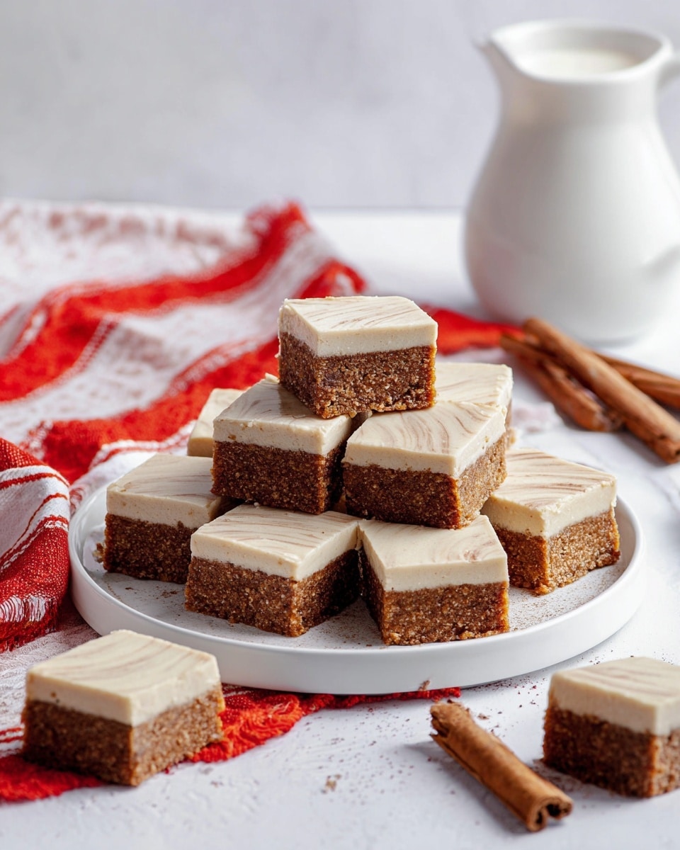 A white plate stacked with multiple square dessert bars, each showing two distinct layers: a thick, dense, brown bottom layer with a rough texture and a creamy, light beige top layer with a smooth, slightly swirled surface. The plate sits on a white marbled textured surface. Around the plate, a few more bars are scattered. In the background, there is a white pitcher filled with white liquid and a red cloth with white stripes that appears soft and casually folded. Three cinnamon sticks lie on the surface near the plate, adding a rustic touch. photo taken with an iphone --ar 4:5 --v 7